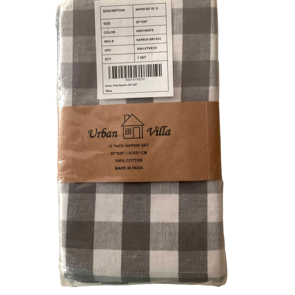 Urban Villa Grey White Buffalo Check Napkins Set/12 New NWT